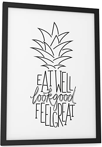 Papierschmiede® Typografie Poster, DIN A4 (21x30 cm), Wanddeko Wohnzimmer, Esszimmer, Küche, schwarz-weiß Bild mit Spruch OHNE Rahmen, Ananas - Eat Well Look Good Feel Great