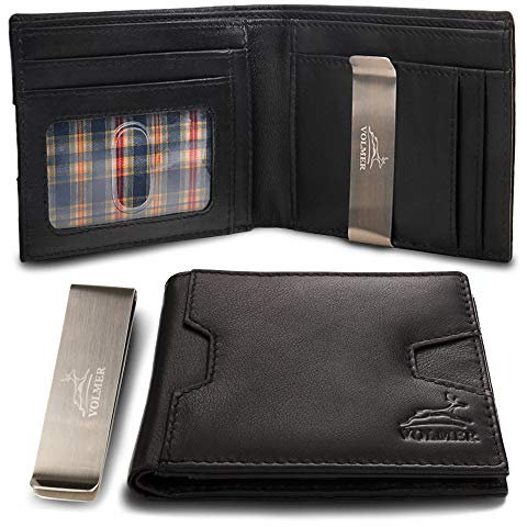 Fa.Volmer. Portefeuille 100% Cuir avec Pince à Billets pour Homme et Femme avec Protection RFID | Noir et Marron, avec Compartiment supplémentaire pour par ex. Changer (Noir)