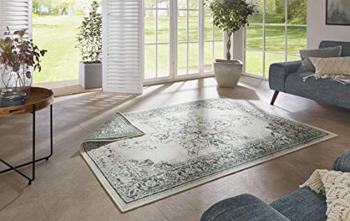 NORTHRUGS In- und Outdoor Teppich Borbon 120x170cm - Wendeteppich Wetterfest Orientalisches Vintage Design Läufer für Balkon Terrasse Garten Wintergarten Wohnzimmerteppich Wasserfest in Grün Creme