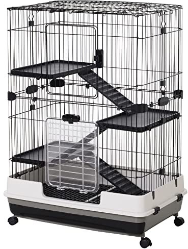 PawHut 4-Level Small Animal Cage, Indoor Bunny House, for Ferrets, Chinchillas w/Wheels, Slide-Out Tray, Black, 81 x 52.5 x 114 cm