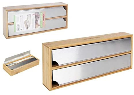 Quttin | Dispensador de Bambu Aluminio y Film 33.5x13x5.5 cm Tamaño óptimo Portarrollos Papel Cocina - Dispensador Papel Aluminio y Film Organizador de Cocina