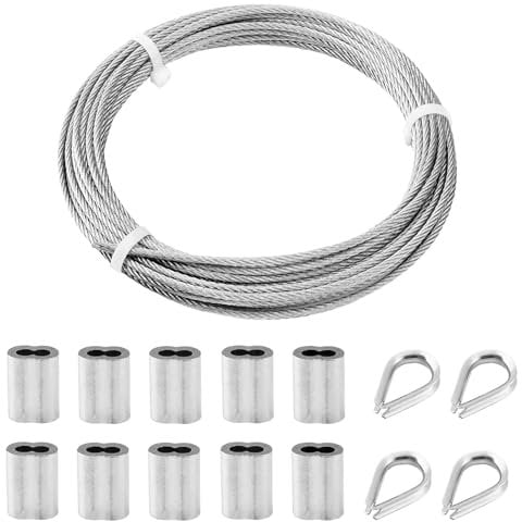 TooTaci Câble en Acier Inoxydable 3mm, 10M avec Manchons de Sertissage M3 & Cosse – Idéal pour Treillis de Jardin, Support de Clôture, Garde-Corps & Solutions de Suspension Extérieures