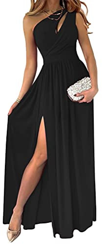 Tomwell Damen Kleid mit Schlitz V-Ausschnitt Ärmellos Retro Elegant Cocktailkleid Einfarbig Hochzeit Brautjungfernkleid Bodenlang Partykleid B Schwarz M