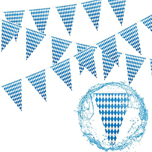 30M Bayrische Deko Oktoberfest Party Girlande Oktoberfest Wimpel Bayern Deko Wimpelkette Blau und Weiß Wetterfest Banner Schulanfang Einschulung Deko