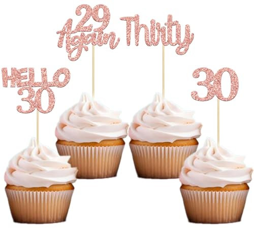 Gyufise 24Pcs Rose Gold Glitter 30th Birthday Cupcake Toppers Hello 30 Cake Decorations Again 29 Thirty Cupcake Picks for 30th Birthday Cake Decorations Supplies