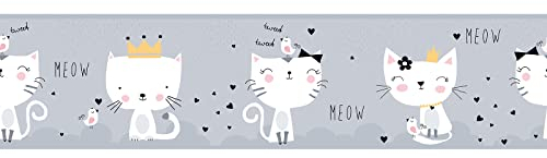 Baby Tapete mit Katzen für Mädchen | Graue Kinderzimmer Bordüre selbstklebend mit Tieren | Katzentapete ideal für Babyzimmer von Mädchen