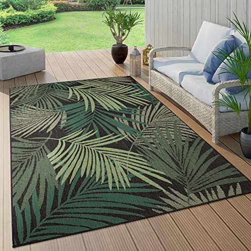 Paco Home Outdoor Teppich Wetterfest Flur Balkon Palmen Dschungel Florales Boho Muster Grün, Grösse:140x200 cm, Farbe:Schwarz