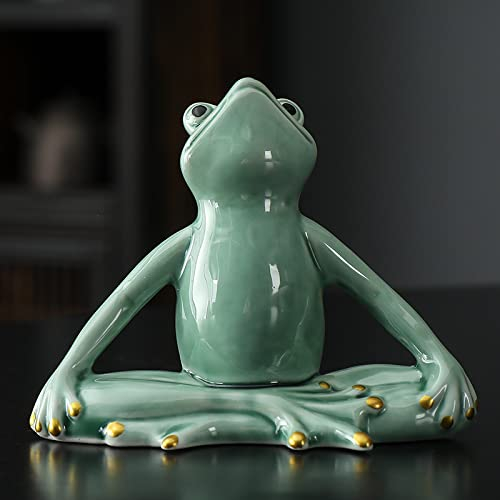 DECRZPB Handgefertigter grüner Yoga-Frosch aus Keramik künstliche Skulptur Kunst Yoga Studio Dekoration Heimbüro Geschenk