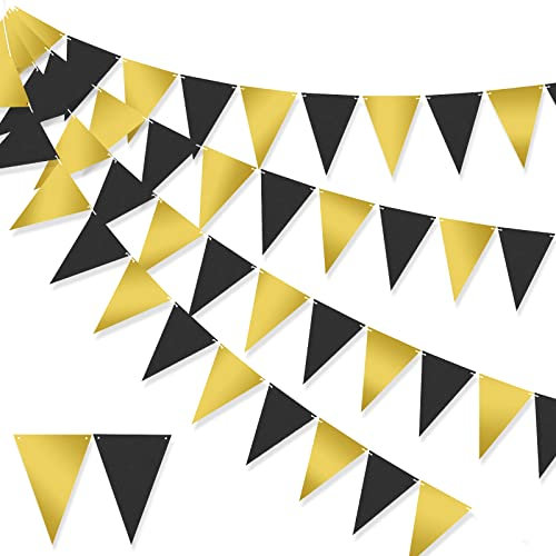 Andiker Black Gold Bunting Banner, 26 Ft Glitter Paper Triangle Flags Garden Pennant Garland for Birthday, Wedding, Graduation Baby Shower Bar Decoration