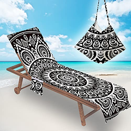 Surwin Telo Mare per Lettino in Microfibra, Mandala Boemia Fodera per Sedia da Spiaggia Copertura per Sedia di Sdraio con Tasche Laterali, Asciugamano per Piscina Sport (Nero,75x210cm)