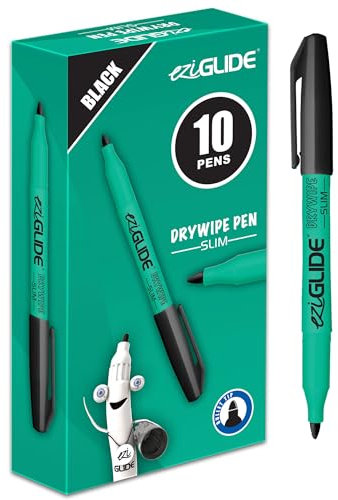 Eziglide Slim Barrel Black Whiteboard Pens 10 Pack, Black Ink Pen Set, Dry Wipe Pens for Whiteboard, Hard-wearing Fibre Bullet Tips Whiteboard Pen for School, Office & Home Schooling Supplies