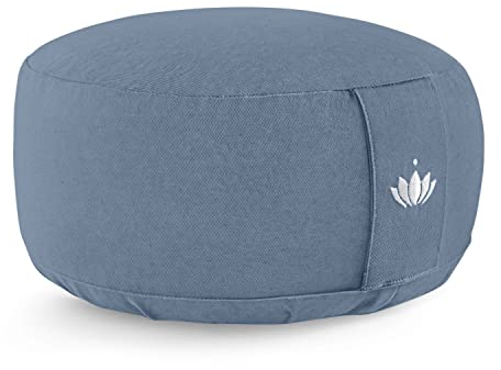Lotuscrafts® Meditationskissen mit 15cm Sitzhöhe, Bestickt, Yoga Kissen mit 100% Bio-Dinkelfüllung, Yogakissen Rund mit robustem Bezug waschbar, GOTS-Zertifiziert Bodenkissen Rund