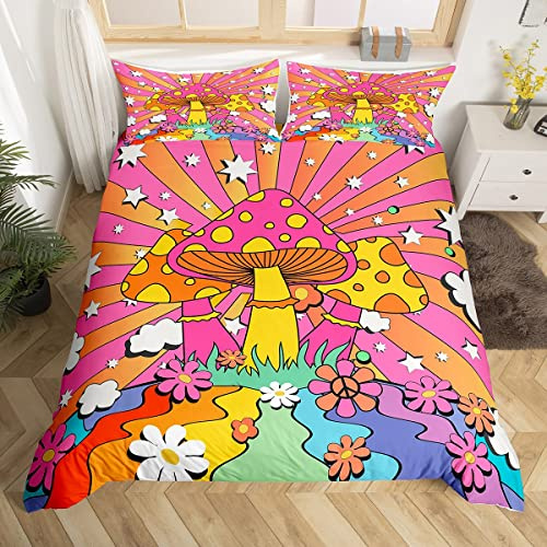 Hippie Mushroom Double Size Duvet Cover Set,Stars Peace Symbol Flowers Print Comforter Cover with 2 Pillowcases,3pcs,70s Rainbow Stripes Groovy Polyester Bed Spread for Boys Teens Bedroom Decor