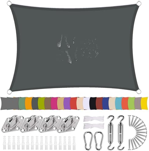 Sonnensegel Rechteck 6 x 7m Wasserdicht Sonnenschutz Balkon Terrasse mit Montagezubehör PES Polyester 98% UV-Schutz Reißfest Wetterfest für Garten Outdoor,Dunkelgrau
