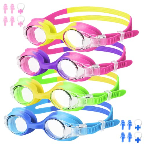 FOGULO 4 Pack Kids Swim Goggles 4-14, Anti-Fog Swimming Goggles with UV Protection and Adjustable Bungee Strap, Boy and Girl Waterproof Goggles with Nose Clips and Earplugs for Pool