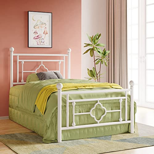 HOOMIC 14 Inch Twin Size Metal Platform Bed Frame, Vintage Victorian Style, Wrought Iron Headboard and Footboard/Mattress Foundation for Storage/No Box Spring Required/Easy Assembly/White