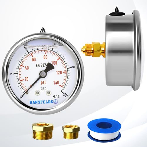 Hansfelds Manometer 0–10 bar/psi,63 mm Zifferblatt, flüssigkeitsgefüllt, 1/4 Zoll BSP Rückseitiger Anschluss, Messing-Innenleben und Anschluss,Genauigkeit 1,6,inkl. 2Reduzierstücke auf 3/8''und1/2.