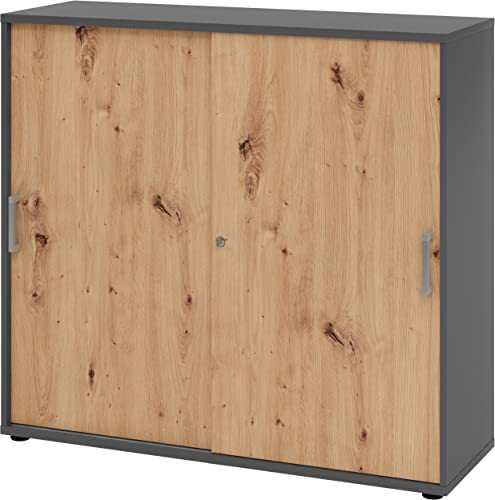 bümö Schiebetürenschrank 3OH - Aktenschrank abschließbar, Sideboard Schrank mit Schiebetüren in Graphit/Asteiche, Chromgriff - Büroschrank aus Holz mit Schiebetür, Büro Kommode für Ordner & Co.