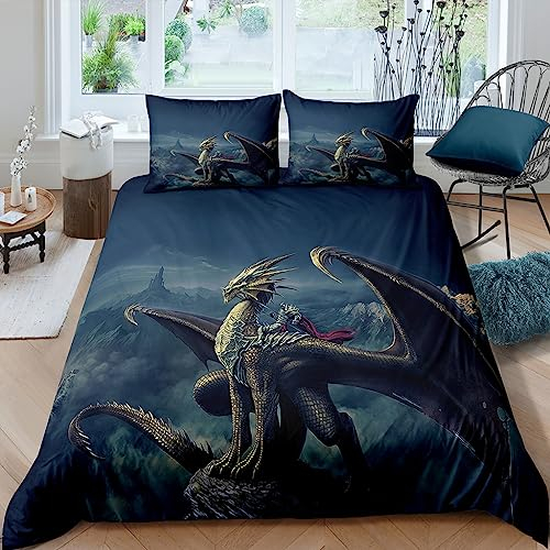 WIKINGER Bettwäsche Drachen 135x200 cm 4teilig Jungen 100% Mikrofaser Sommer Weiche Winter Warm Kinder Bettbezüge mit Reißverschluss 3D Viking Drache Bettbezug mit 2 Kissenbezüge 80x80 cm
