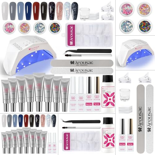 Arousar Poly Nagelgel Set, 12PCS Nagelverlängerungs Gel Kit, Klares Weißes 10 Farben Nagelgel mit 2 Gel Nagellack, Deck und Unterlack, LED Lampe Nägel Selber Machen für Anfänger und Profis