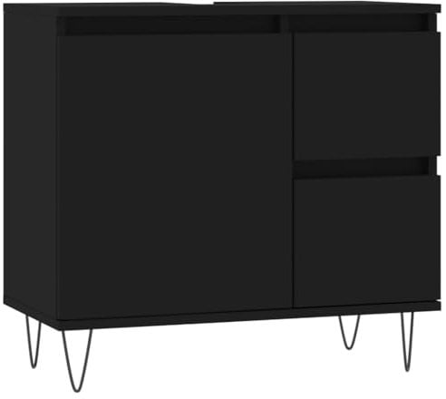 vidaXL Badezimmerschrank, Waschbeckenunterschrank mit viel Stauraum, Badschrank mit Eisenbeinen, Bad Unterschrank Waschbeckenschrank Badmöbel, Schwarz Holzwerkstoff