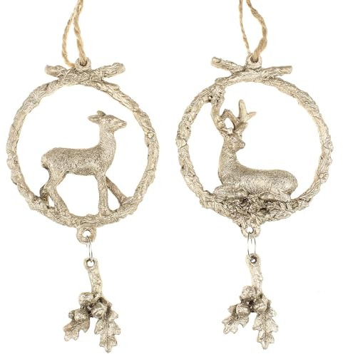 MACOSA GR461-6542_sl Weihnachtsdeko 2er Set rund Hirsch altgold Christbaumschmuck Gold Dekohänger Hängedekoration Weihnachten Winter Winterdeko Tannenbaumschmuck Christbaum Deko
