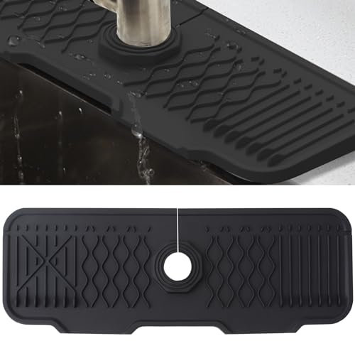 Veki Alfombrilla de Silicona para Grifo, Protector Salpicaduras de Fregadero, Bandeja de Recogida de Goteo, Tapete Absorbente para Fregadero para Proteger Encimera de Cocina y Baño (43 cm, Negro)