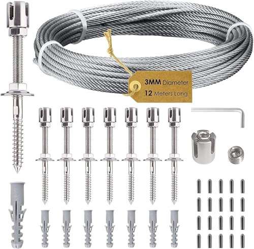 Support pour Plantes grimpantes, kit Complet en Acier Inoxydable avec Supports muraux et Corde de 3 mm (8 Supports, 12m de Corde)