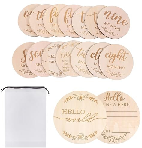 14 Pièces Ronds Panneau de Bienvenue en Bois Kit avec Cartes Etapes Bébé et Sac de Rangement, 6 Pouces Hello World Panneaux d'Annonce pour Hôpital Accessoire Photo Douche, Cadeau pour Nouveau Né