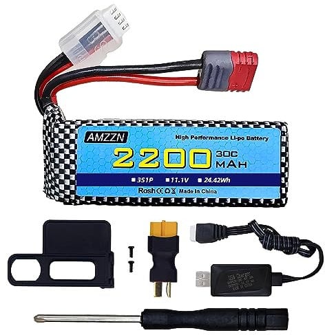 AMZZN 11.1V 2200mAh 30C 3S T-Plug Lipo Battery with USB Charger for MJX H16 H16P H16E H16GT H16BM H16DR H16PL 14301 RC Car, High-Speed Drift Model Toy Car Upgraded Battery