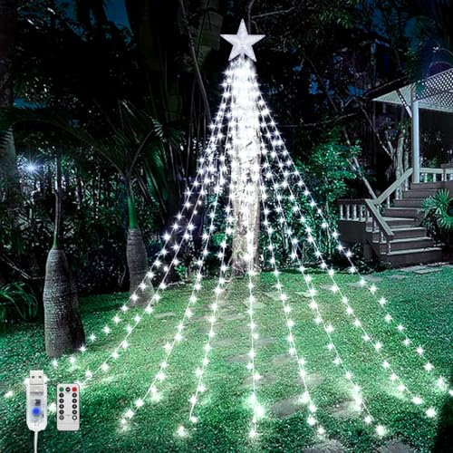 WoskjXas Luces Arbol Navidad con Estrella, 9 Piezas 2M 198LEDs USB Guirnalda de Luces de Navidad con Control Remoto, 8 Modos Impermeable Cascada Luces, Luces de Navidad Decorativas