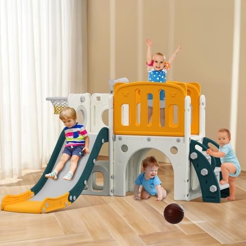 hoopyosms Toboggan pour Tout-Petits avec Échelle d'escalade, Panier de Basket et Tunnel, Ensemble de Toboggan en Plastique pour Enfants, Jouets d'aire de Jeux Montessori, Vert