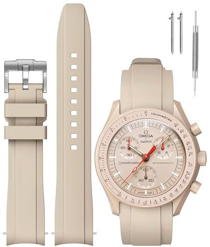 REBANDACE Armband für MoonSwatch Uhr, Gebogenes Silikon-Ersatzarmband für Omega X Swatch Speedmaster Moonswatch Uhr 20mm, Weiches Swatch Omega Armband für Männer und Frauen (Khaki)