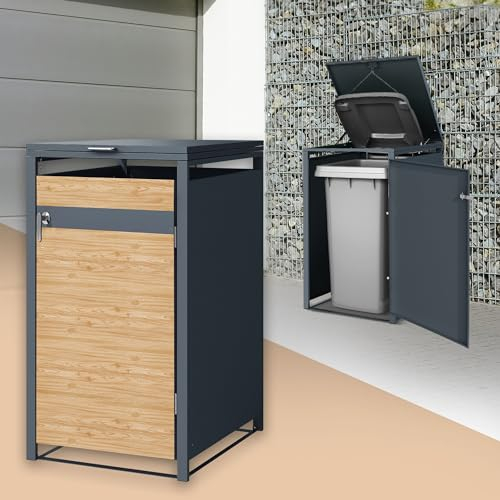 ML-Design Mülltonnenbox 1er für 1 Tonne 240L 68x80x116,3 cm Anthrazit-Lärchenoptik, Stahl, wetterfest/abschließbar Mülltonnenverkleidung Klappdeckel/Tür, Müllbox Mülltonnecontainer Mülltonnenabdeckung