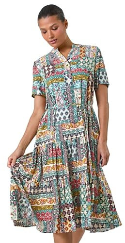 Roman Shirt Dress for Women UK Ladies Short Sleeve Sleeveless Belted Collared Midi Maxi Summer Spring Smart Casual Button Evening Office A Line Swing Skater - Multi - Size 18