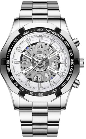 JewelryWe Herrenuhr Edelstahl Leuchtend Uhr: 30m Wasserdicht Kalender Analog Quarz Armbanduhr Herren Silber Edelstahlband Imitation Mechanische Skelett Uhr mit Achteckig Lünette & Weiß Zifferblatt
