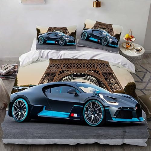 Bettwäsche 135x200 cm Luxus Auto Sportwagen Motiv Bettbezug 135x200 Set 3-Teilig Microfaser 3D Mode Konzeptautos Druck Bettbezügen + 2 Kissen 80x80 cm Mit Reißverschluss Eckbänder