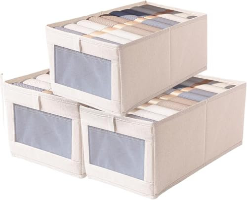 Sosayet - Juego de 3 cajas de almacenamiento para armario, tejidas, con ventana transparente, para ropa, juguetes y libros