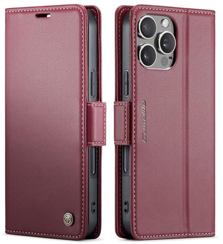 QLTYPRI Wallet Case for iPhone 16 Pro, Premium PU Leather Magnetic Flip Folio Case with RFID Blocking Card Slots Kickstand Shockproof Protective Phone Case Cover for iPhone 16 Pro - Wine Red