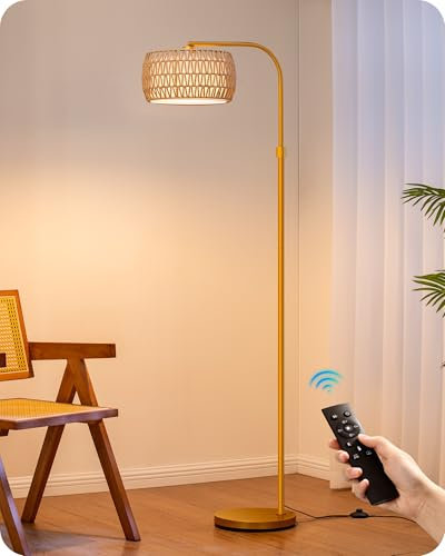 EDISHINE Lampadaire sur Pied Salon, Lampadaire à Arc avec Abat-jour Double, 2700K-6000K, Dimmable en Continu par Télécommande et Pédale, E27 Ampoule LED Fournie, Lampadaire Boho pour Chambre, Doré