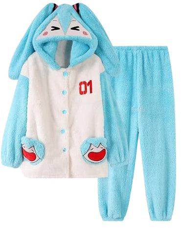 Xinchangda Miku Schlafanzug für Damen, weich, warm, dick, Nachtwäsche, Cartoon, flauschig, Fleece, Miku, Cosplay, Kostüm, lässige Loungewear, Geburtstagsgeschenk für Fans, XXL
