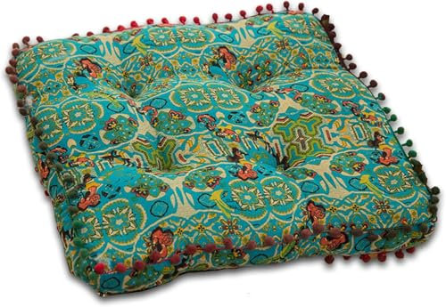 Böhmisches Sitzkissen – großes quadratisches/rundes Meditations-Boden-Sitzkissen, Mandala-Pouf für Tatami, Yoga, Wohnzimmer, Balkon, Kamin, Bürostuhl, Pads mit Pompon-Fransen (quadratisch, grün)