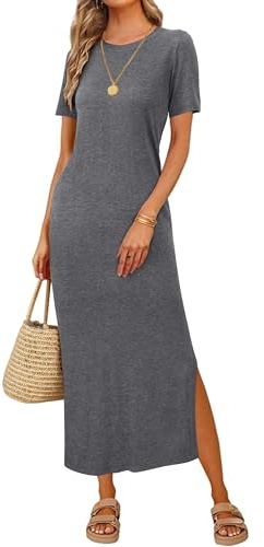 Arach&Cloz Long Maxi Dresses for Women UK Short Sleeve Summer Shirt Dress Ladies Casual Work Dress Side Split Dark Grey XL