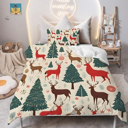 PNHCL REH Kinderbettwäsche 100 x 135, Anlage Bettwäsche-Sets Weihnachten Mikrofaser Bettbezug 100 X 135 mit Reißverschluss + Kissenbezug 40x60 für Kinder Raumdekoration, Beige