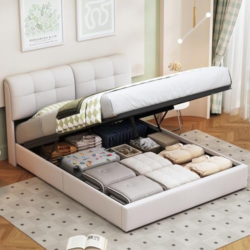 MIOOSUT Bett mit Bettkasten, 160 x 200 cm mit Lattenrost, gepolstertes Bett aus Samt mit LED-Beleuchtung, gepolstertes Bett mit hydraulischer Aufbewahrung, 2 Personen, ohne Matratze (Beige, 160 x 200
