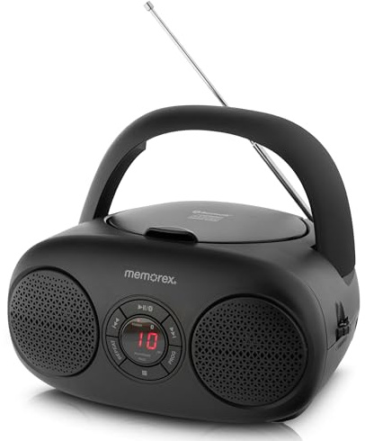 Memorex AM/FM Topload CD-Player | Tragbares Stereo mit programmierbarem Speicher | AUX-Eingang und LED-Anzeige (schwarz, CD Boombox)