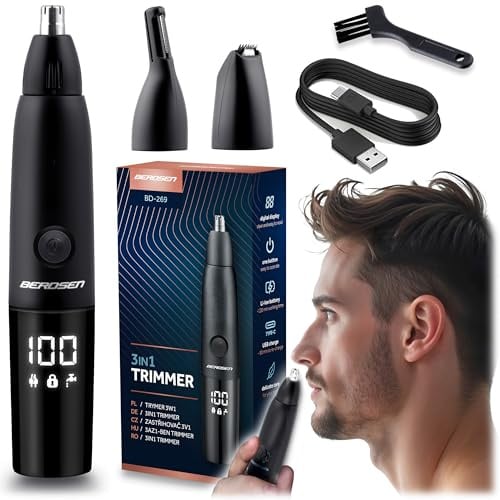 Berdsen Nasenhaartrimmer 3in1 Herren Elektrisch Ohrhaartrimmer Präzisionstrimmer 3 Wechselköpfe LCD Schwarz