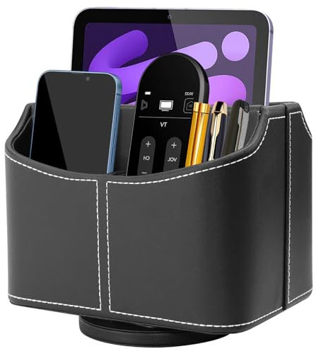 XNONE Pu Leather Remote Control Holder with 5 Compartments,360 Degrees Rotatable Desktop Supply Organizer for Pen,TV Control,Phone,Mini IPad Notebook,Eyeglasses,Makeup Brush Storage Box (Black)