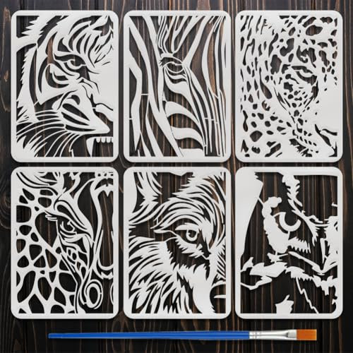 FINGERINSPIRE 6 Stück Schablone Peep At The Animals Mit 1 Pinseln 21x29.7cm Schablone Mit Wildtieren Tigern Zebras Leoparden Giraffen Wölfen Eulen Mustervorlage Für Kunsthandwerk Heimwanddekoration