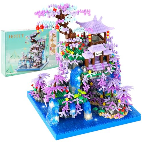 HOTUT Ensemble de Micro Blocs de Construction pour cabane en Fleurs de Cerisier avec 2436 Pièces, Kit d'architecture avec lumière LED, Micro Blocs de Construction, Cadeau pour Adultes et Enfants
